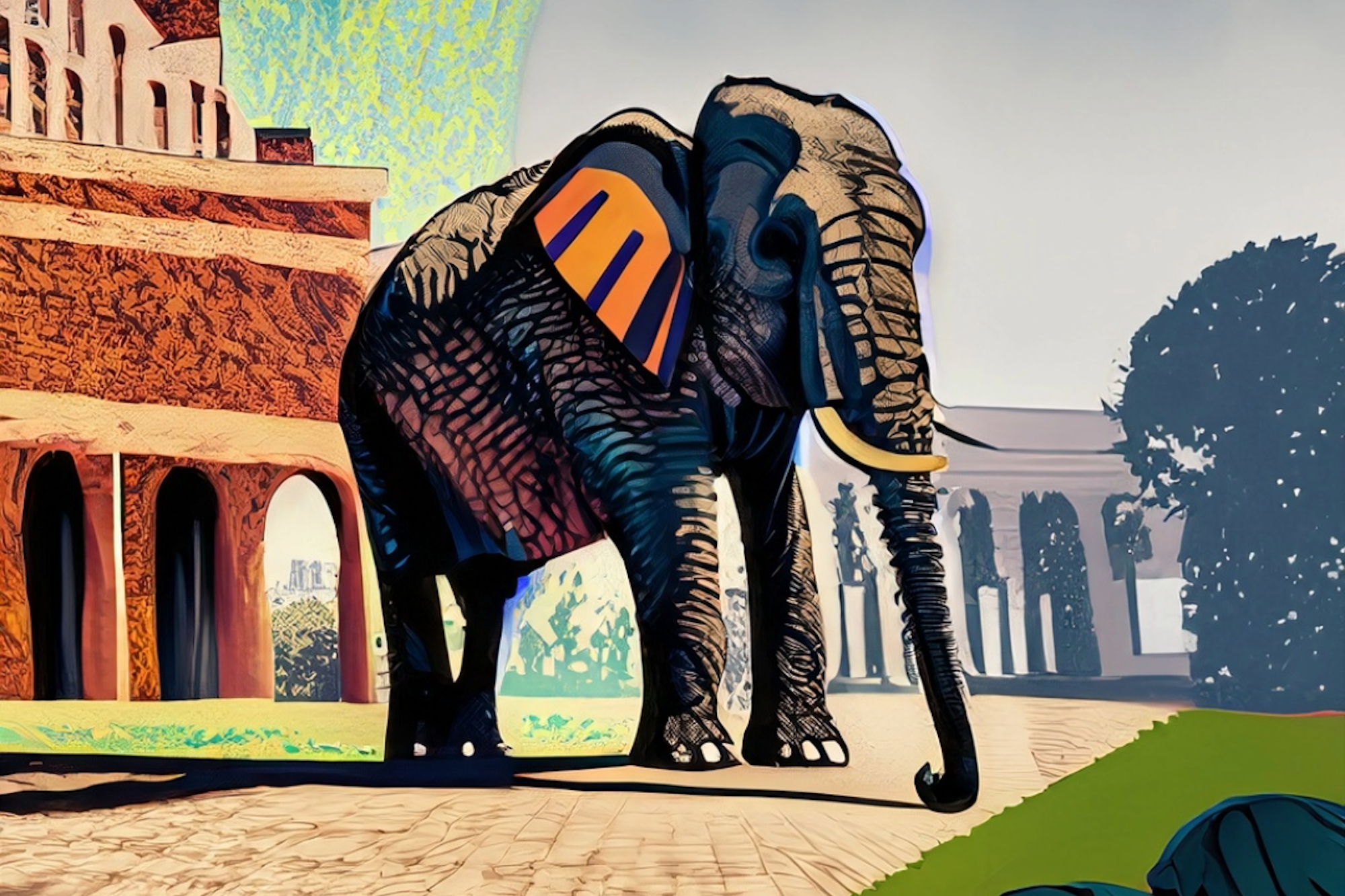 Elephant on college campus in digital art